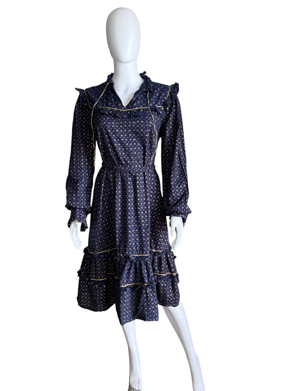 Vintage Navy Floral Ruffle Midi Dress Size 40